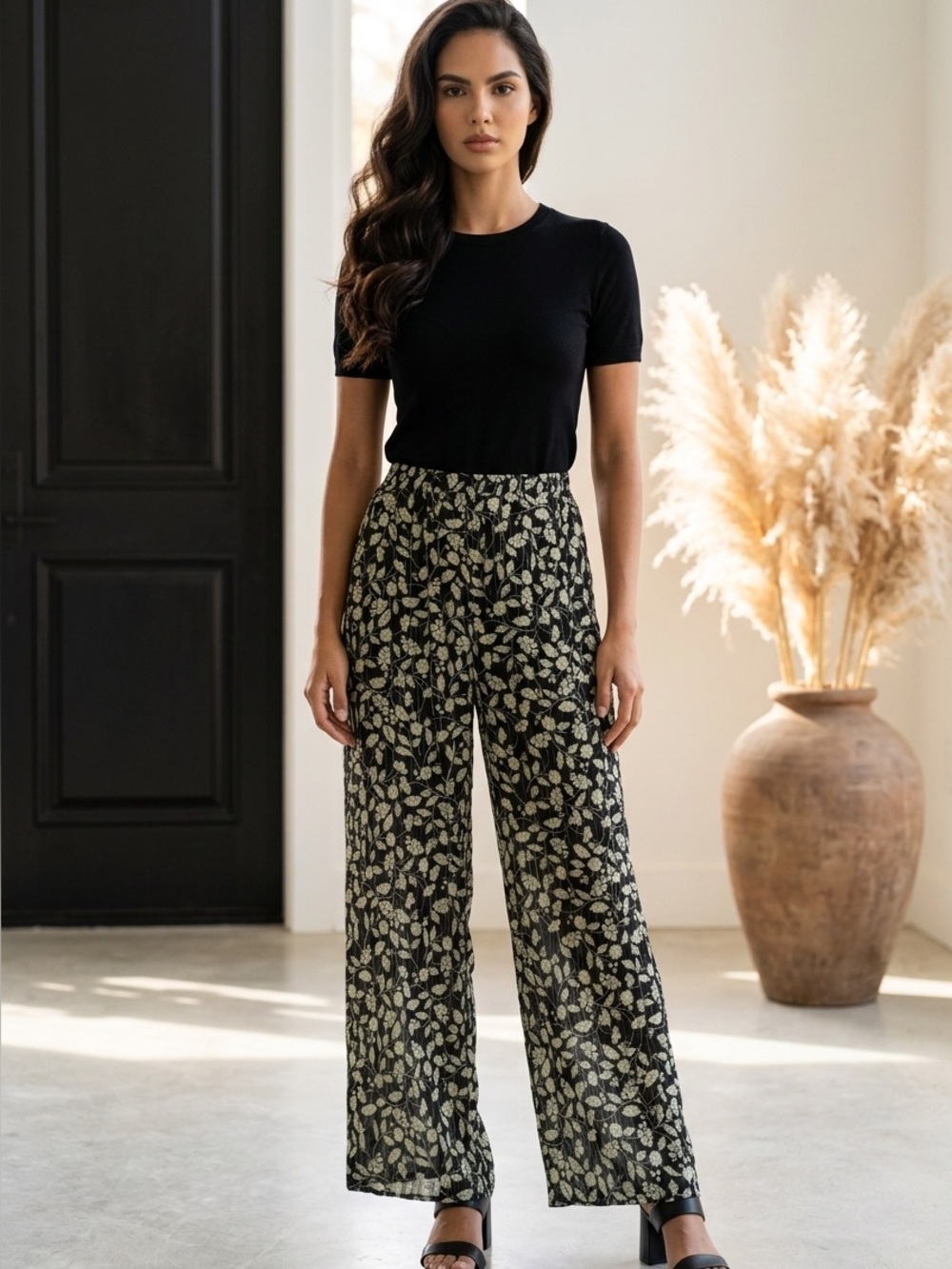 Zara Botanical Wide Leg Sheer Woven Pants Size M Made in Turkey
